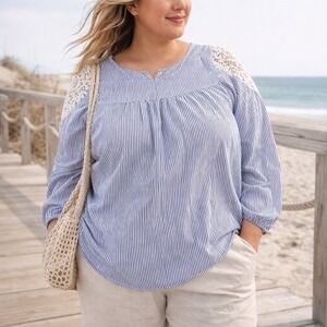 Lane Bryant Blue Stripe Lace Shoulder Blouse Boho Cottage Top Women's Size 18/20